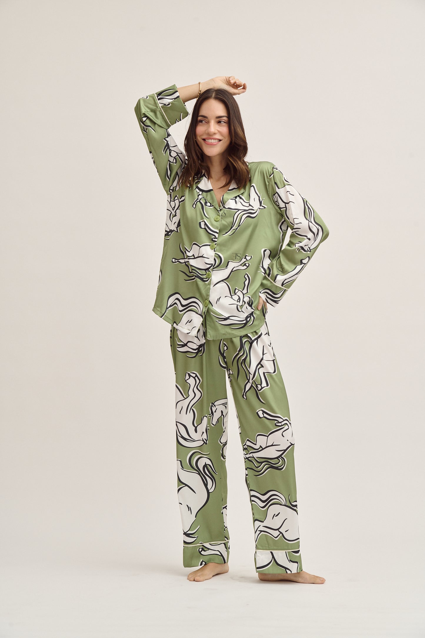 Washable Silk Pajama Set - Galloping Green