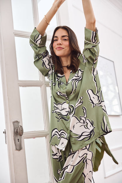 Washable Silk Pajama Set - Galloping Green