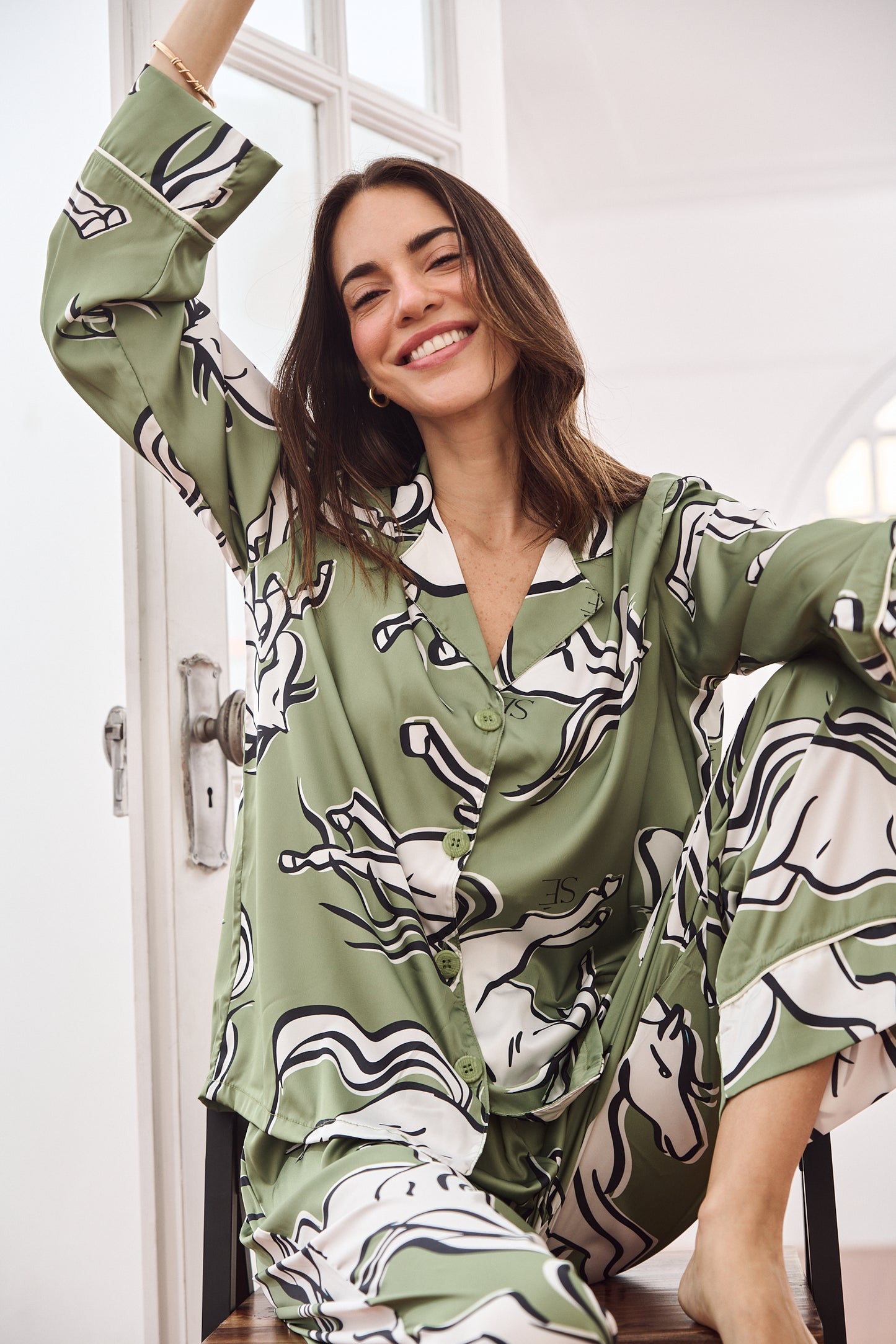 Washable Silk Pajama Set - Galloping Green