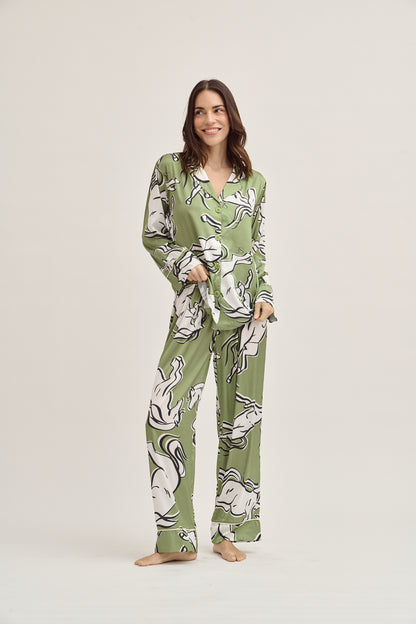 Washable Silk Pajama Set - Galloping Green