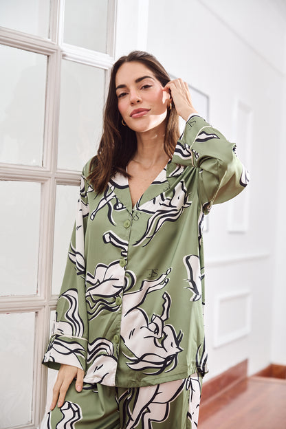 Washable Silk Pajama Set - Galloping Green