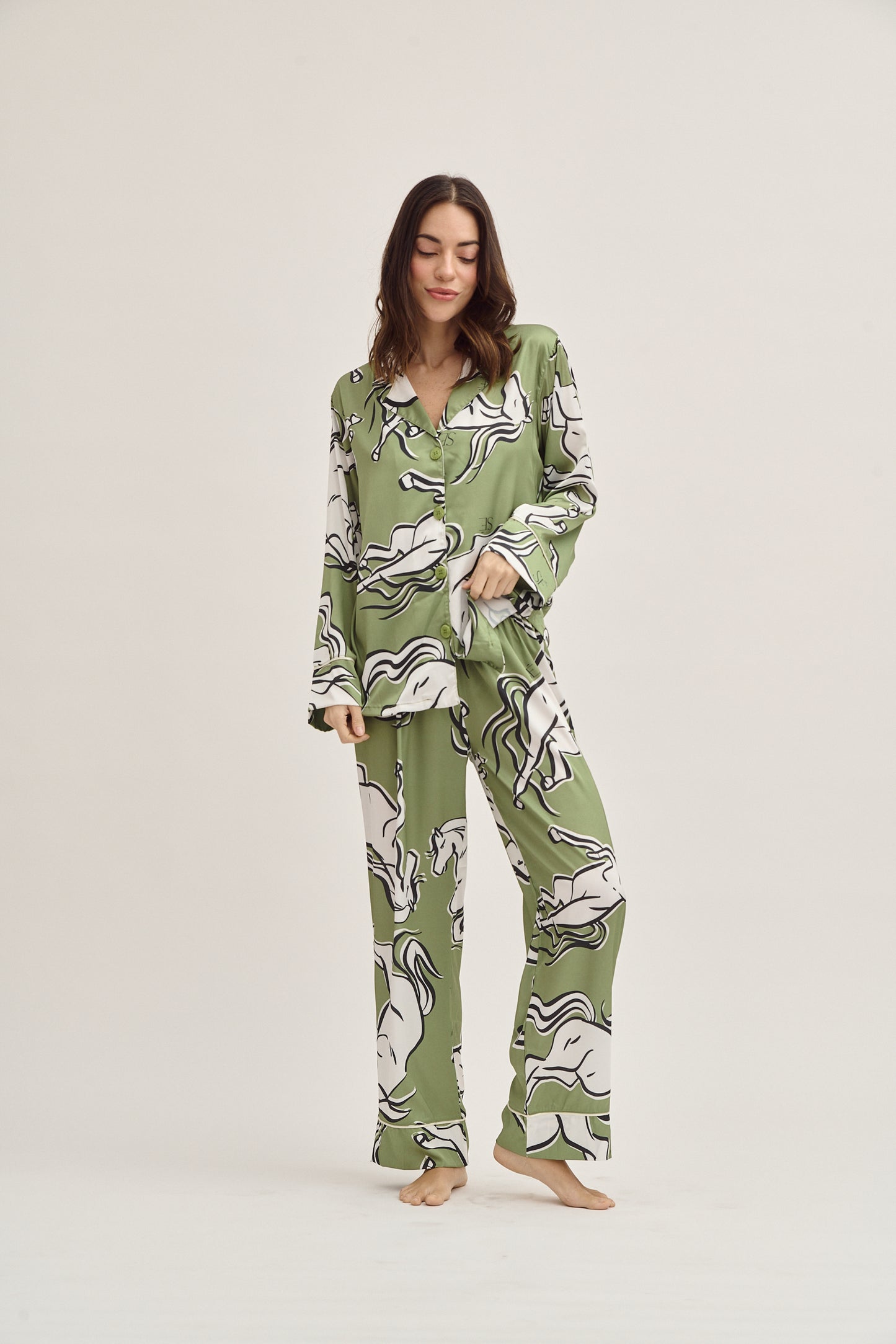 Washable Silk Pajama Set - Galloping Green